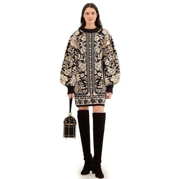 NEW FARM Rio Black Pineapple Garden Mini Sweater Dress Tunic Floral Knit Size S - Picture 1 of 16